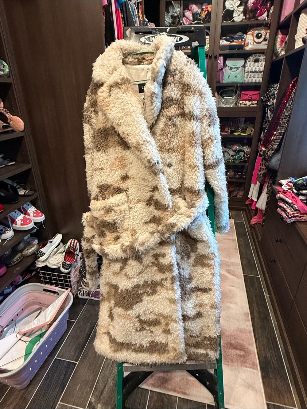 UGG Faux-Shearling Long Teddy Coat in Cream and Tan